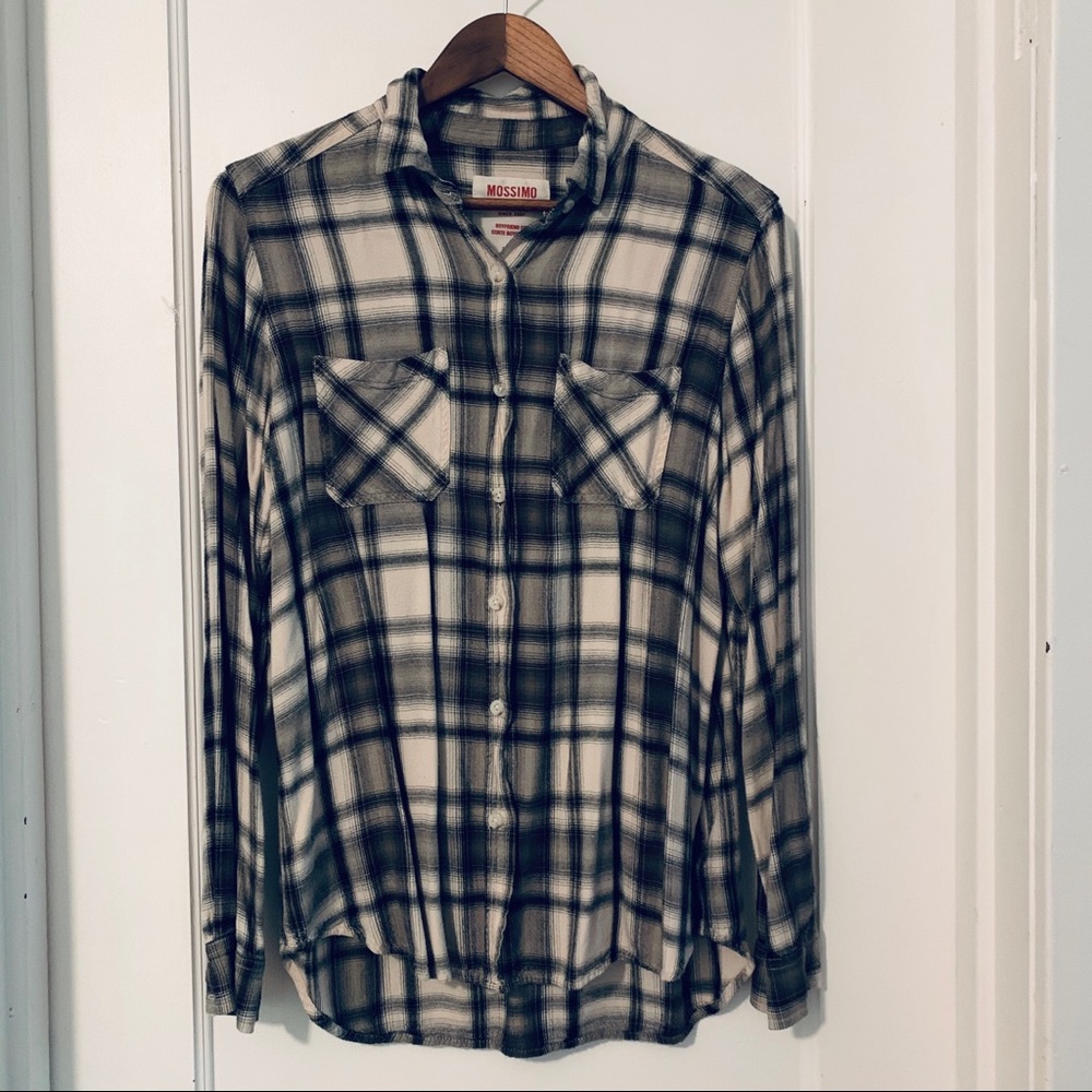 White/Dark Grayish Green Button-Down/Flannel